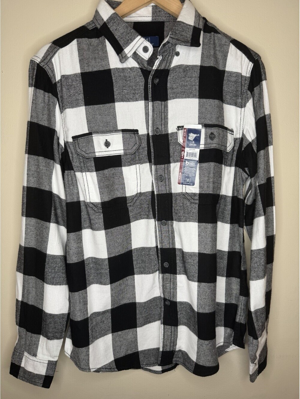 George Flannel Shirt Mens SM Black White Buffalo Plaid Long Sleeve Button Up NWT